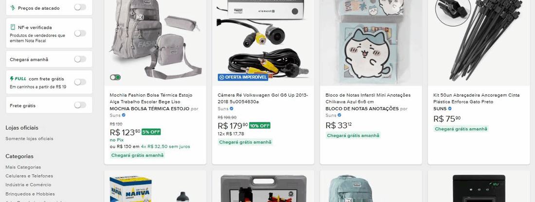 Vitrine real da SUNSFAROIS no Mercado Livre, com 3.118 anúncios